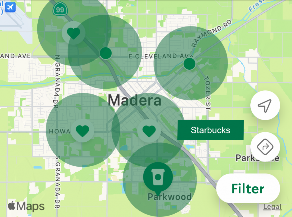 Map chart of Starbuck location coverage in Madera