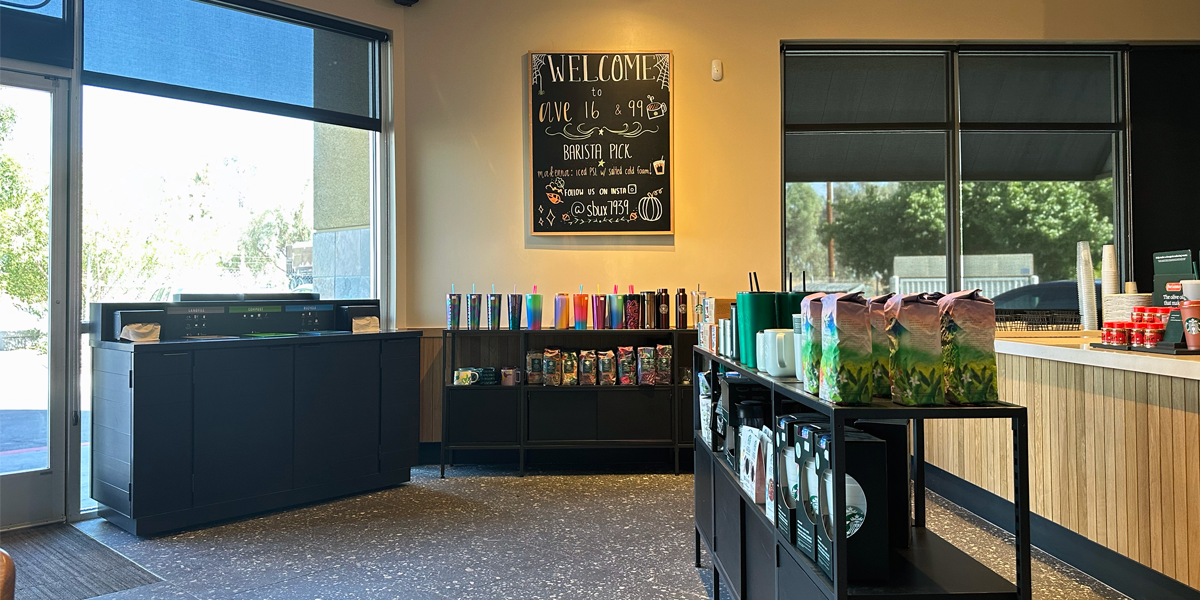 The new lobby for the remodeled Starbucks on Ave 16 & Hwy 99 stocked with coffee products and appliances.